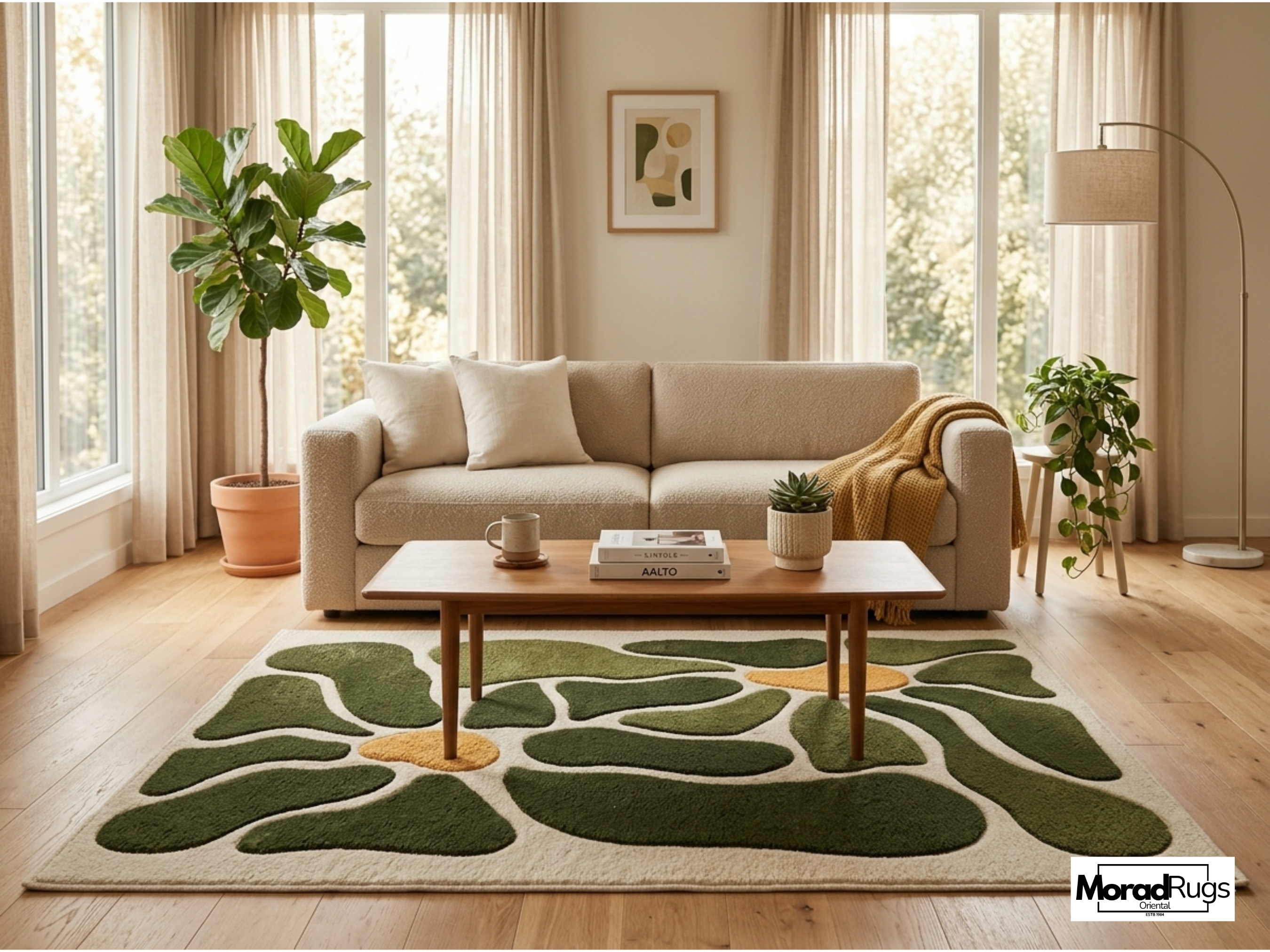 Hand Tufted New Zealand Wool Rug – Modern Abstract Green Floral Carpet
