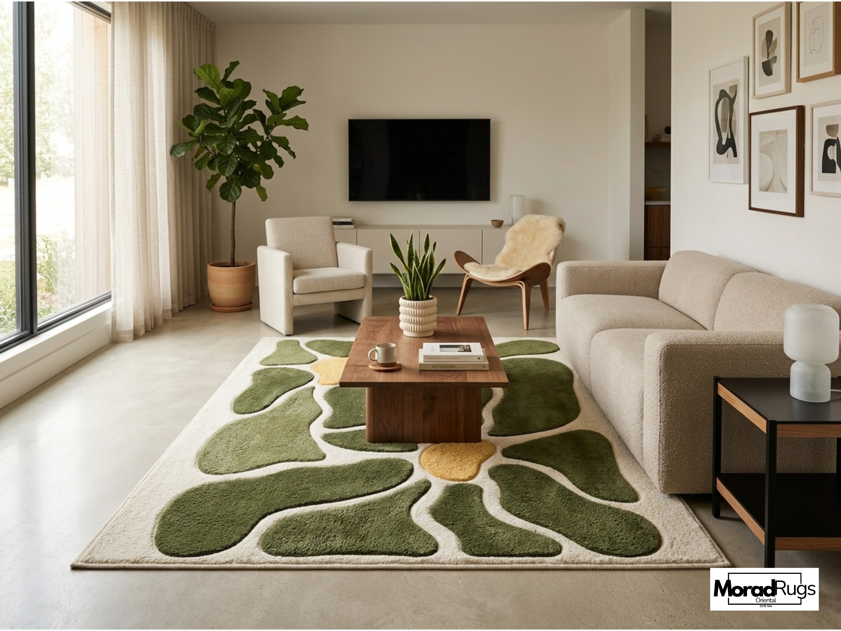 Hand Tufted New Zealand Wool Rug – Modern Abstract Green Floral Carpet