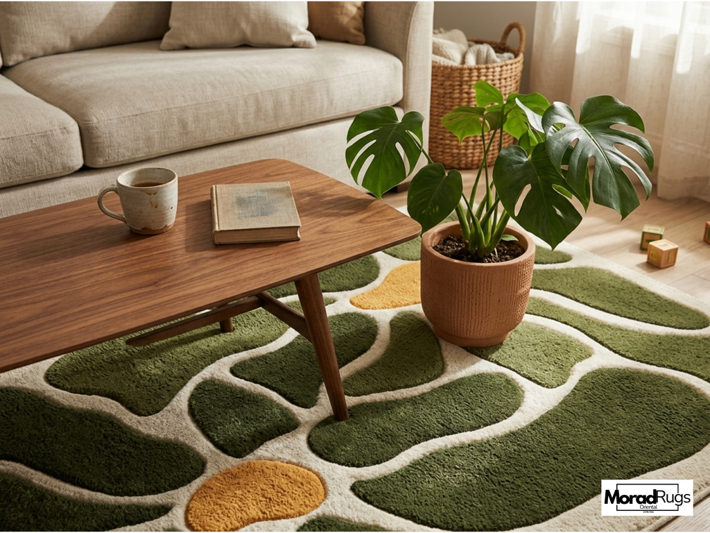 Hand Tufted New Zealand Wool Rug – Modern Abstract Green Floral Carpet