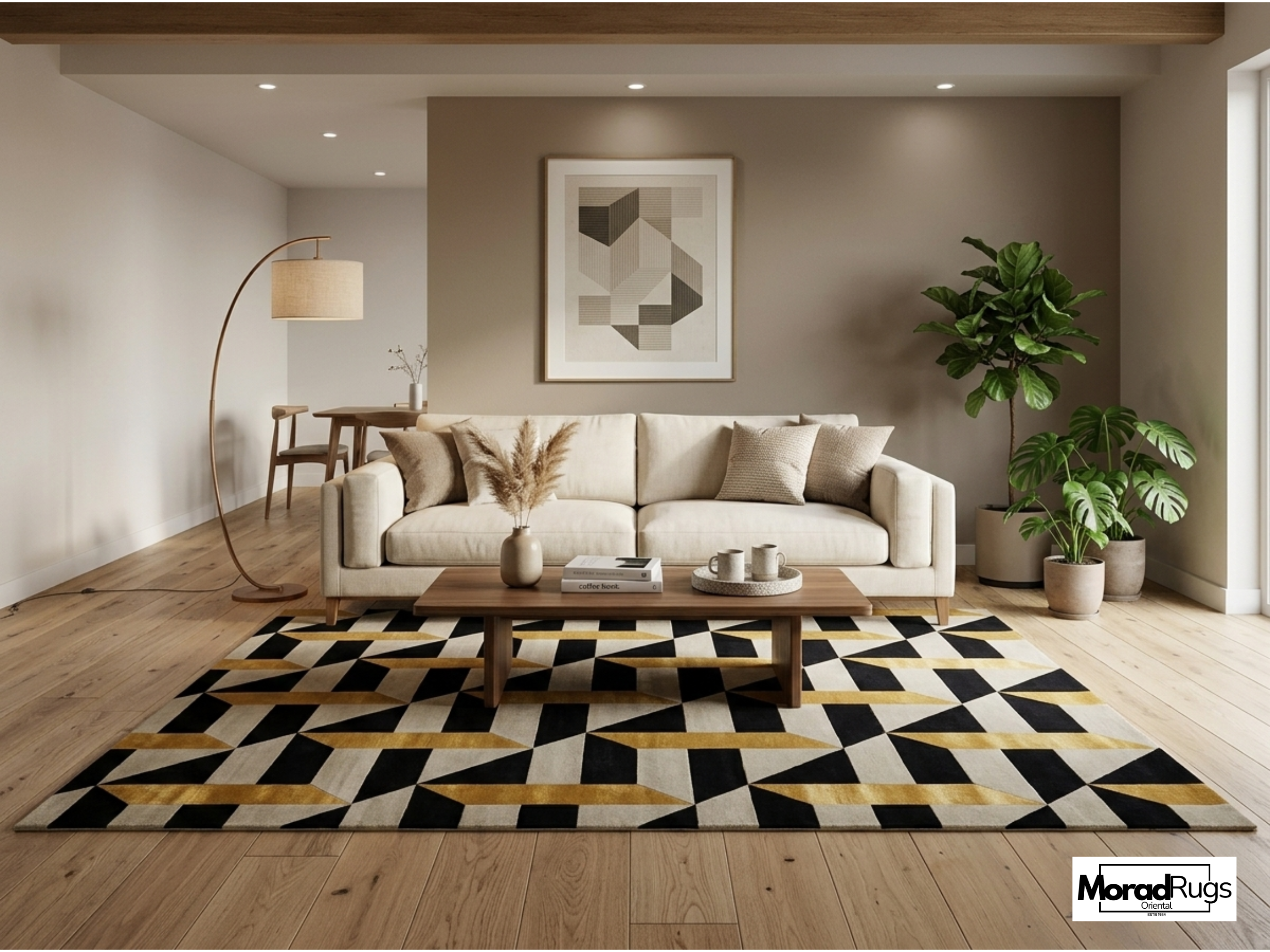 Hand Tufted Geometric Wool & Viscose Silk Rug – Black Gold Art Deco Carpet