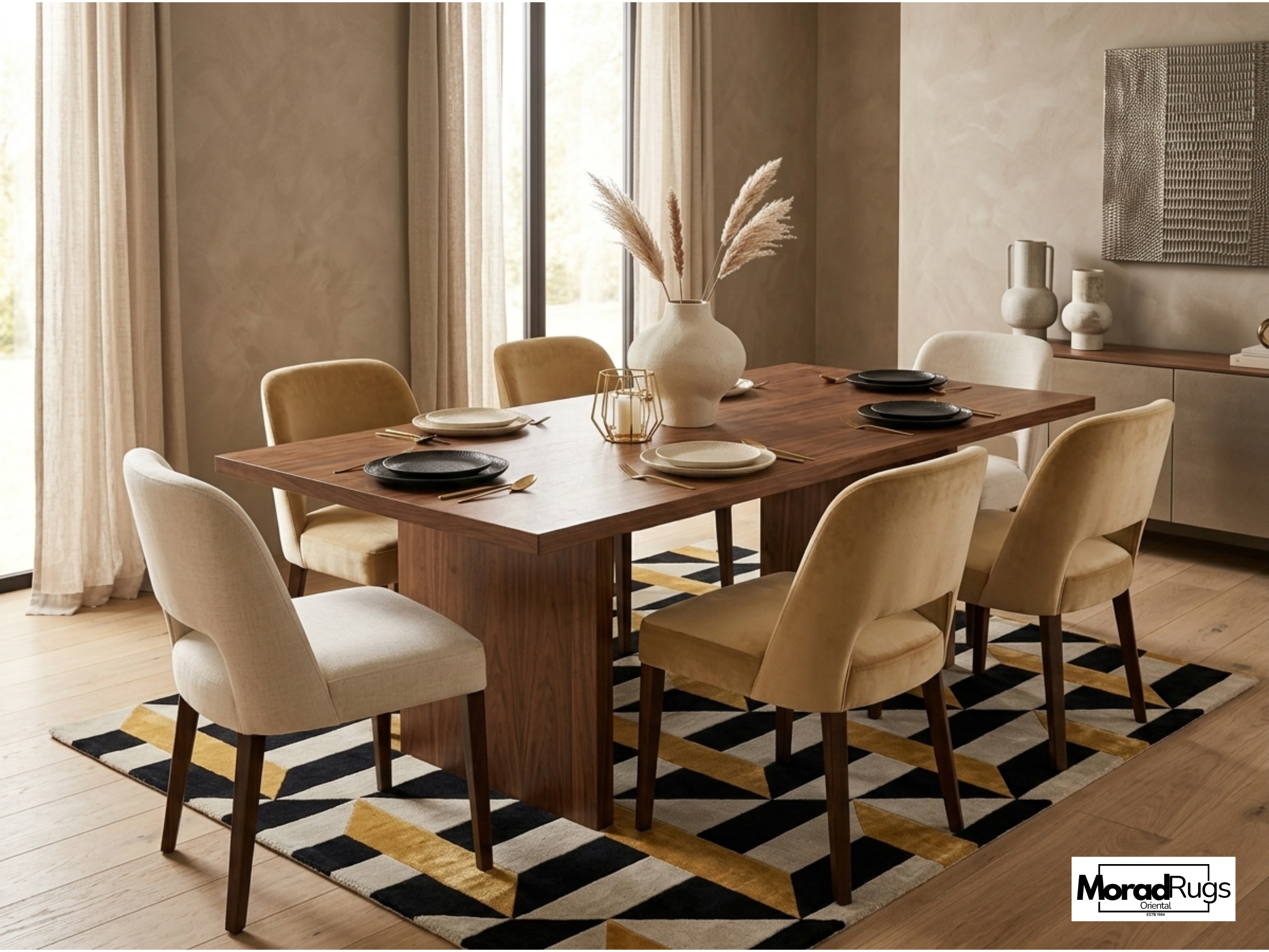 Hand Tufted Geometric Wool & Viscose Silk Rug – Black Gold Art Deco Carpet