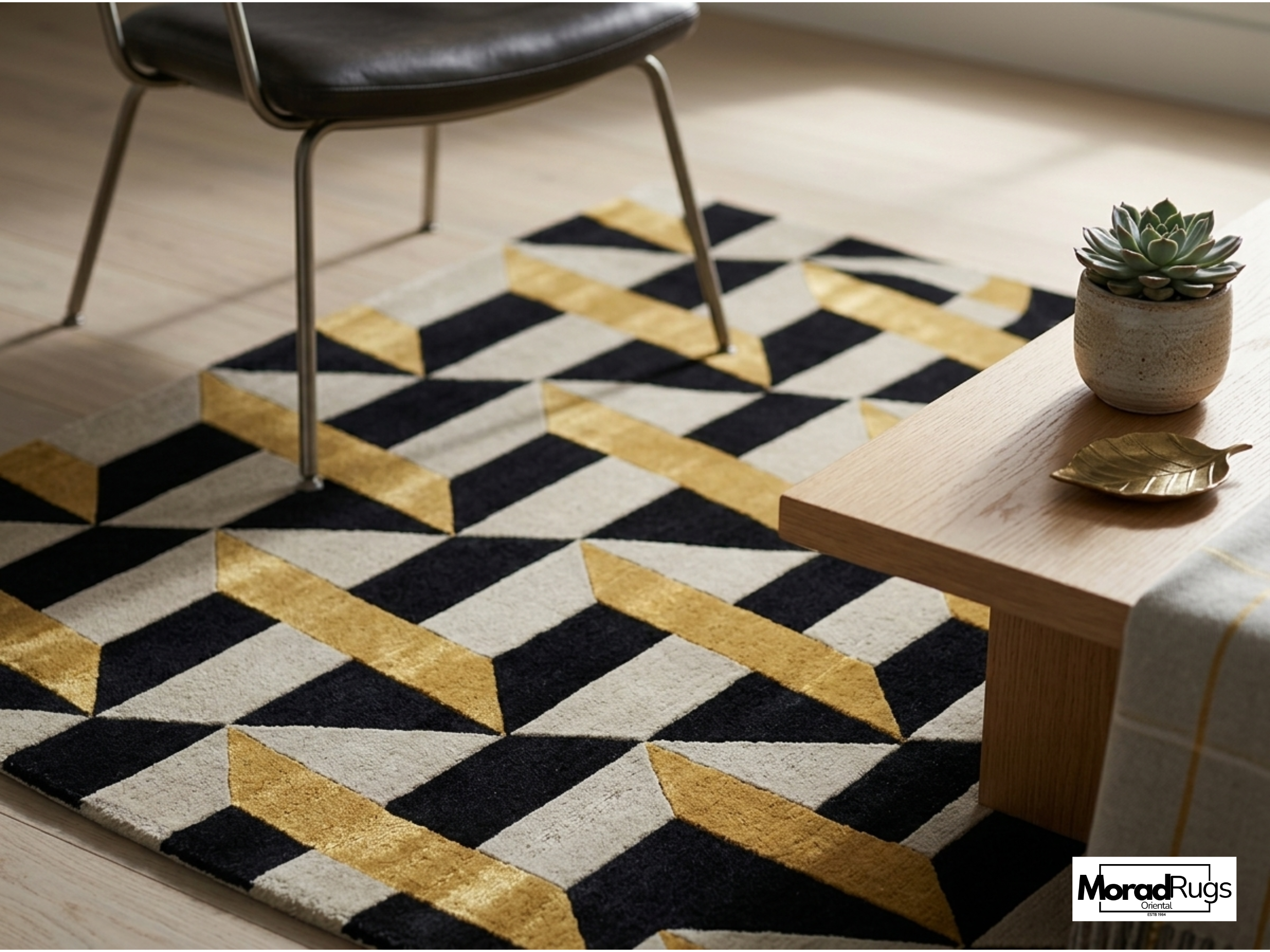 Hand Tufted Geometric Wool & Viscose Silk Rug – Black Gold Art Deco Carpet