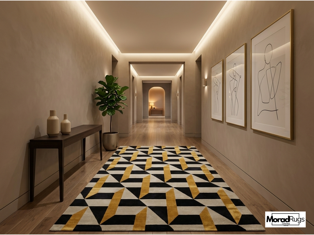 Hand Tufted Geometric Wool & Viscose Silk Rug – Black Gold Art Deco Carpet