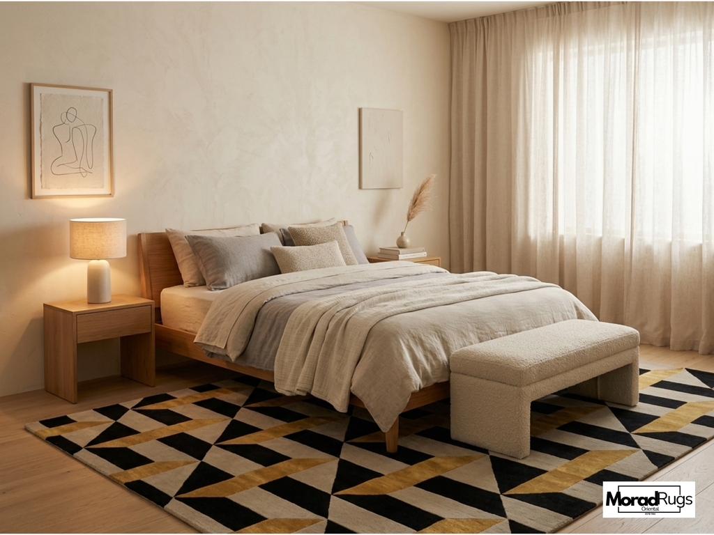 Hand Tufted Geometric Wool & Viscose Silk Rug – Black Gold Art Deco Carpet