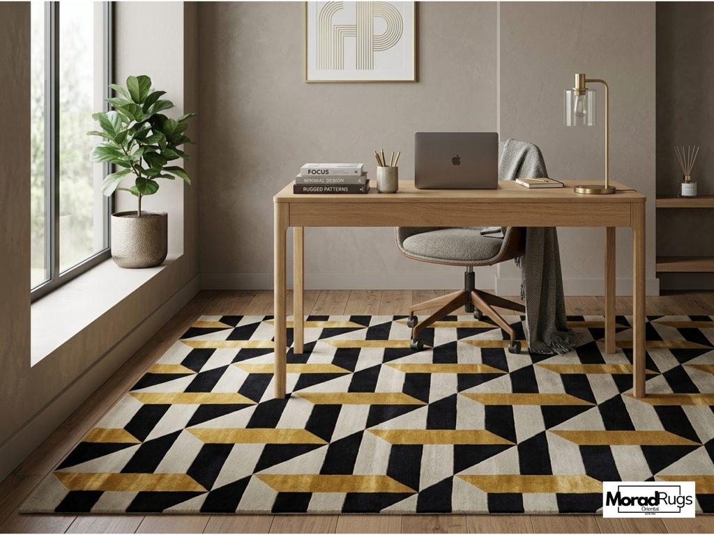 Hand Tufted Geometric Wool & Viscose Silk Rug – Black Gold Art Deco Carpet