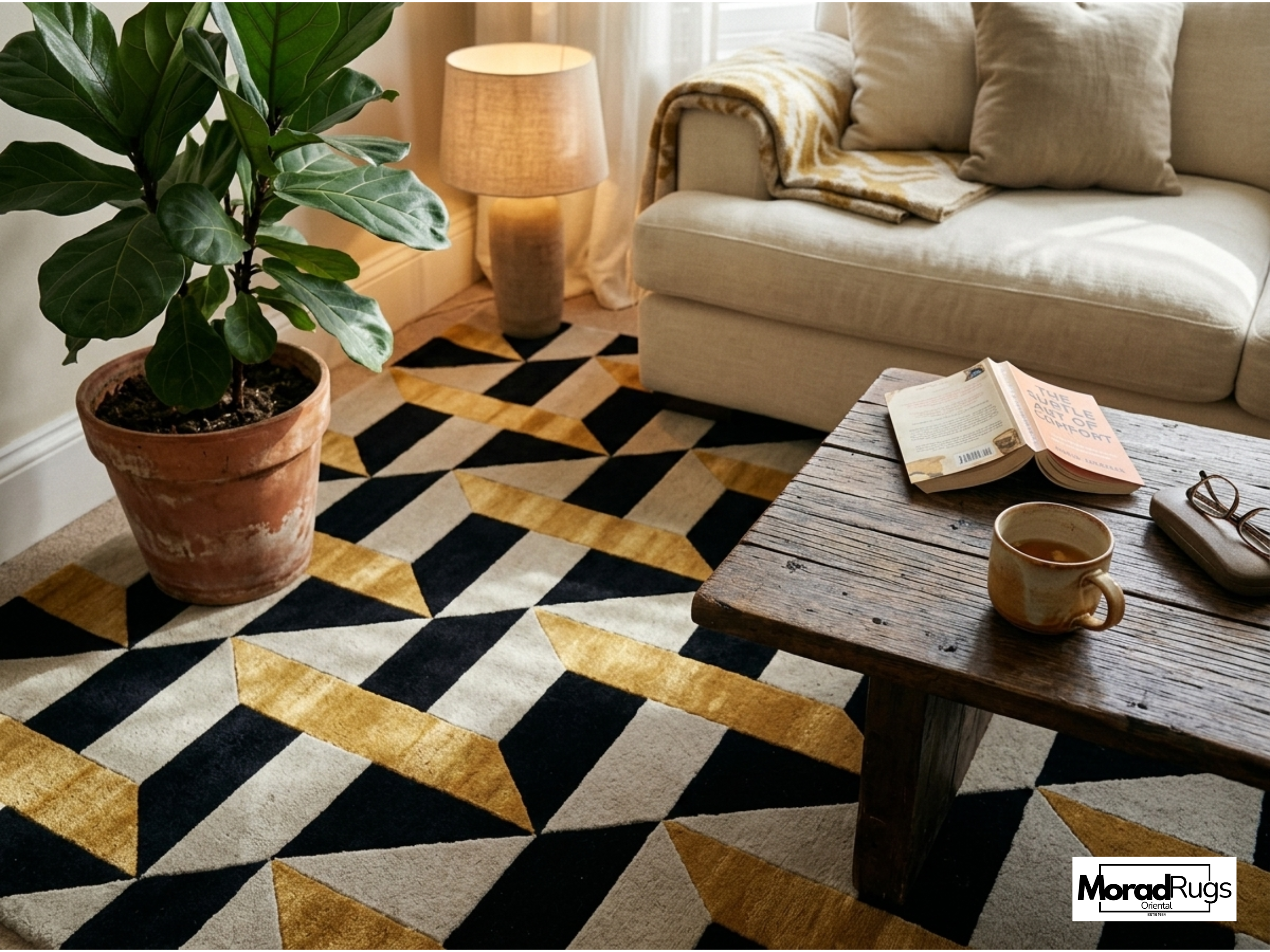 Hand Tufted Geometric Wool & Viscose Silk Rug – Black Gold Art Deco Carpet
