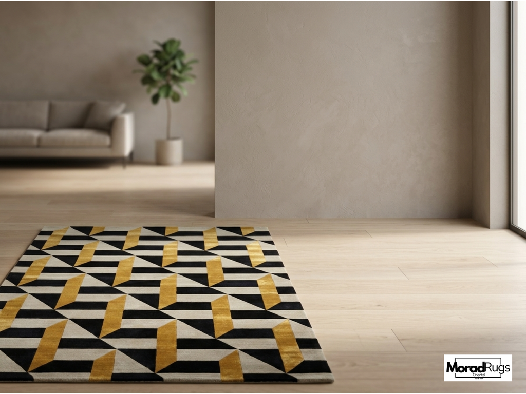 Hand Tufted Geometric Wool & Viscose Silk Rug – Black Gold Art Deco Carpet