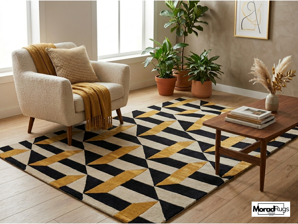 Hand Tufted Geometric Wool & Viscose Silk Rug – Black Gold Art Deco Carpet
