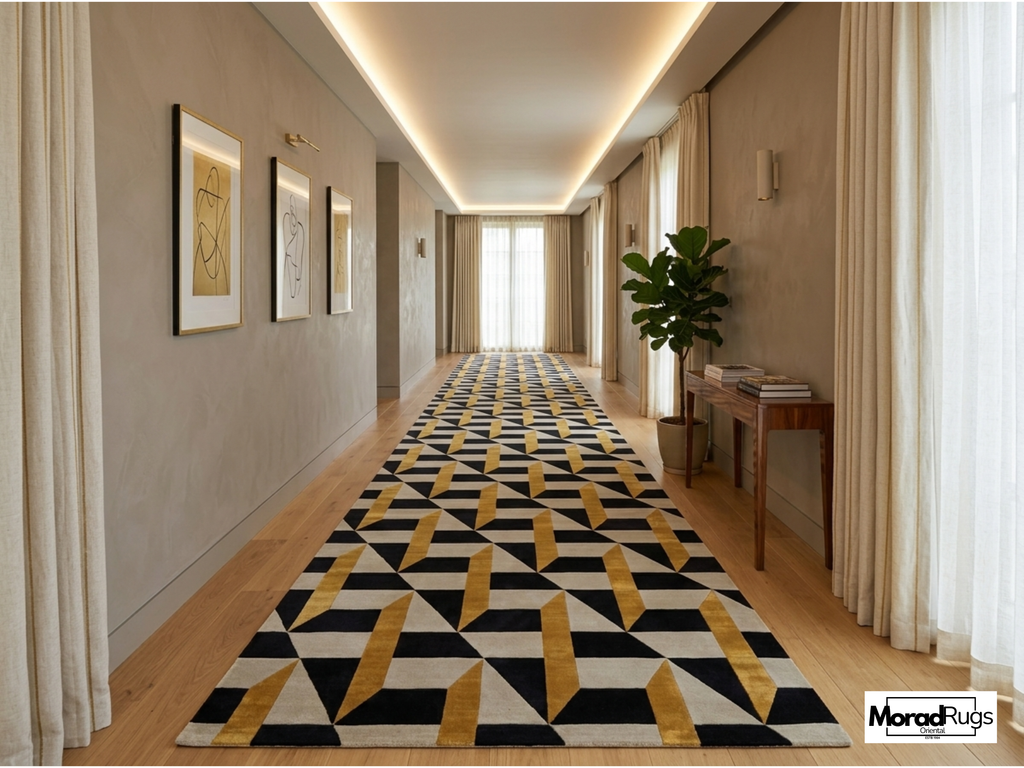 Hand Tufted Geometric Wool & Viscose Silk Rug – Black Gold Art Deco Carpet