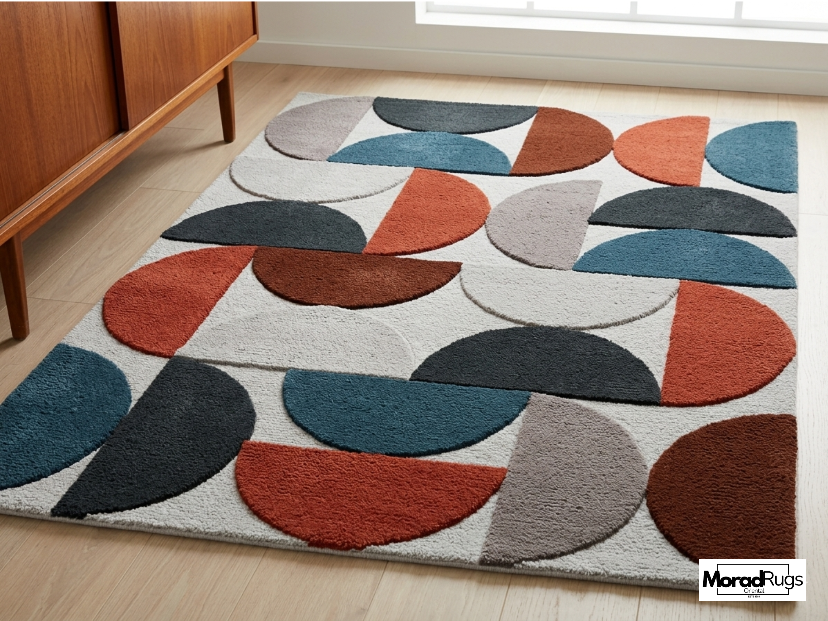 Mid Century Modern Geometric Wool Rug – Hand Tufted Abstract Retro Carpet