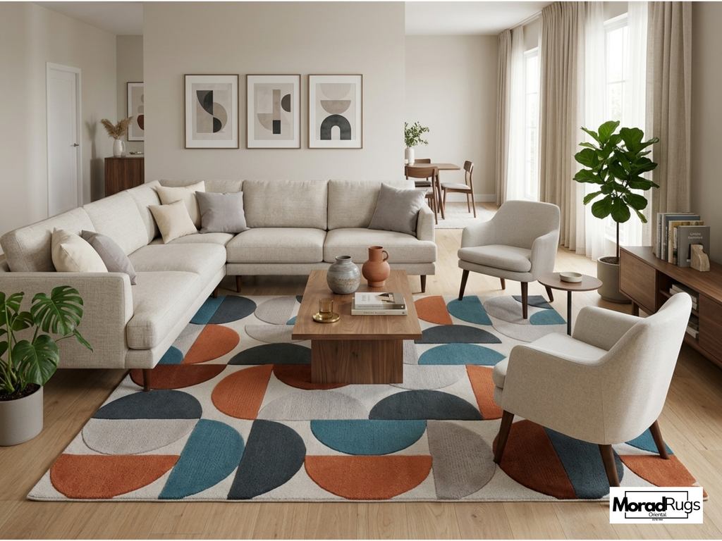 Mid Century Modern Geometric Wool Rug – Hand Tufted Abstract Retro Carpet
