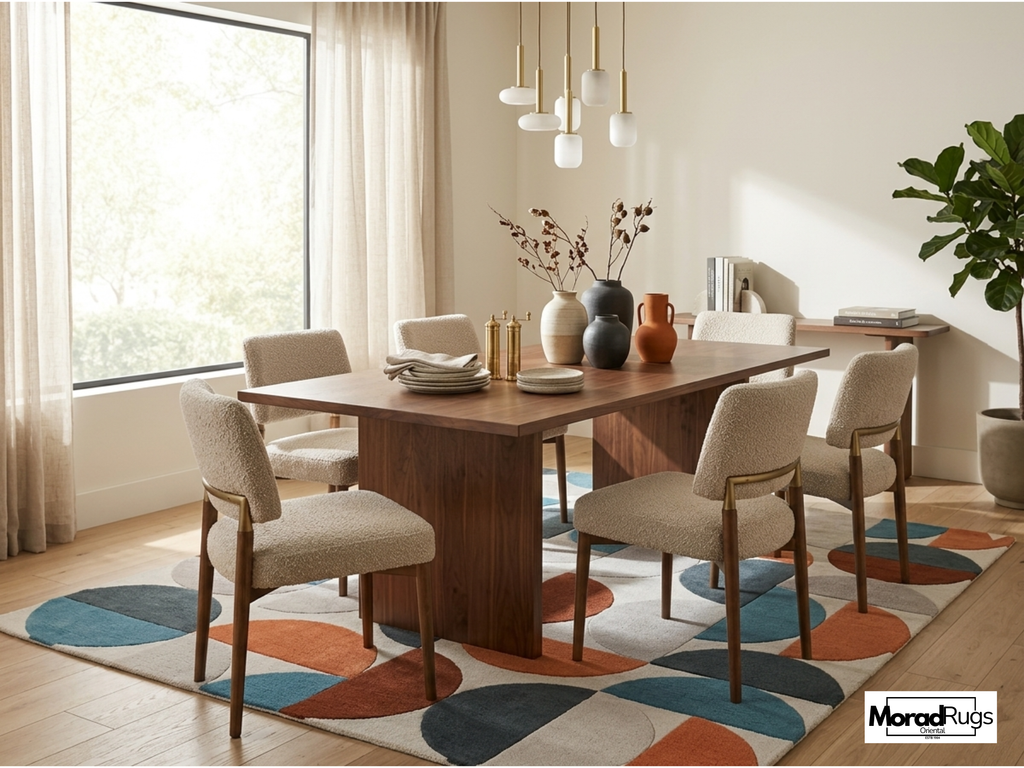 Mid Century Modern Geometric Wool Rug – Hand Tufted Abstract Retro Carpet