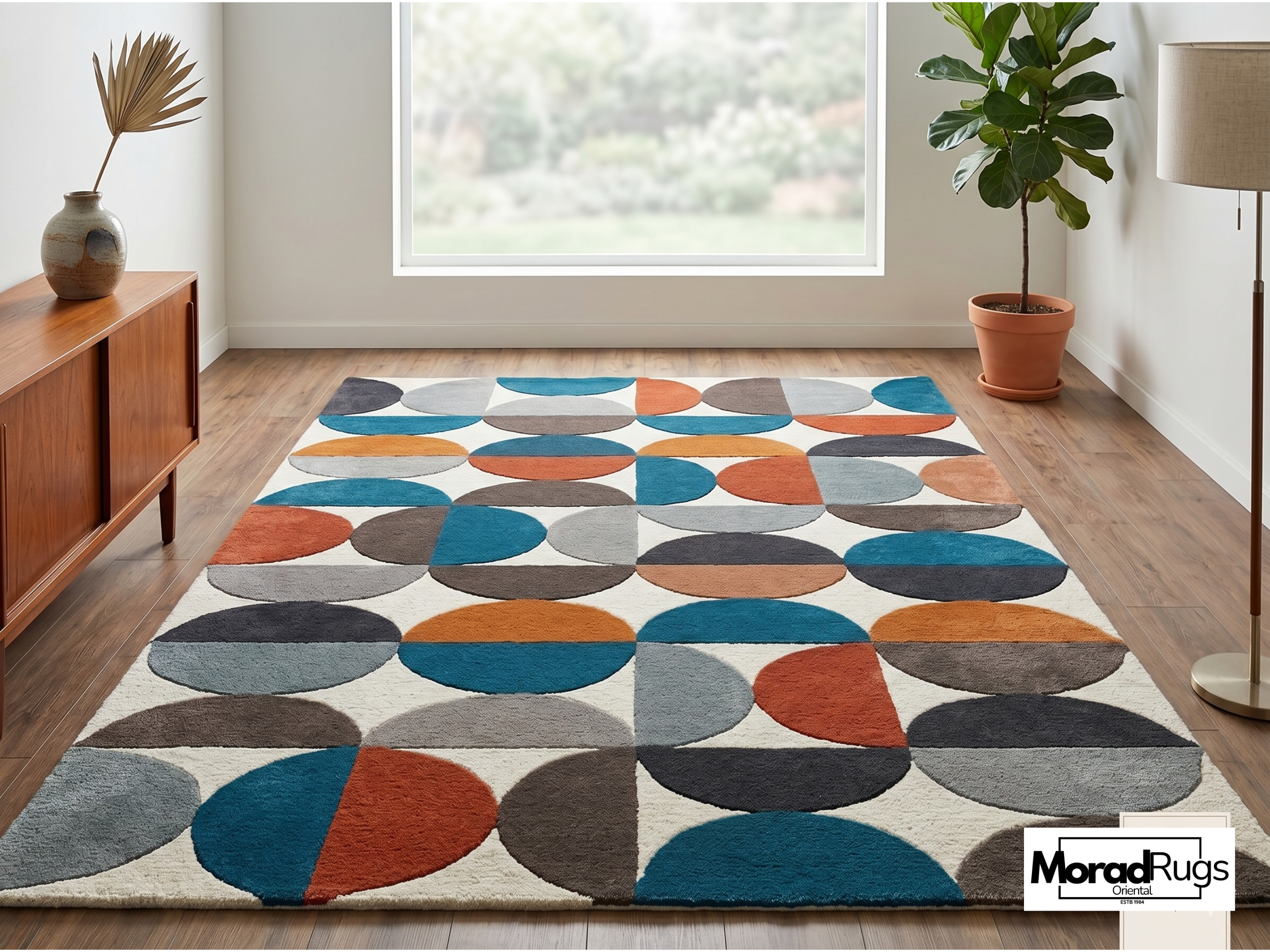 Mid Century Modern Geometric Wool Rug – Hand Tufted Abstract Retro Carpet