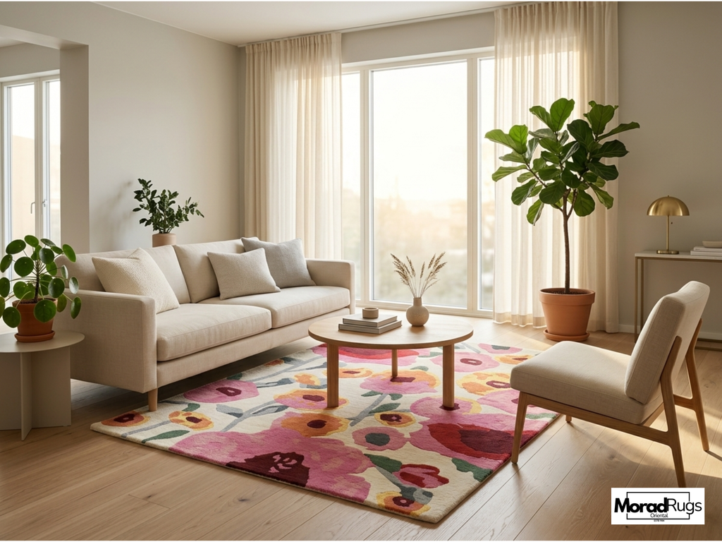 Hand-Tufted New Zealand Wool Rug – Colourful Floral Poppies Area Carpet