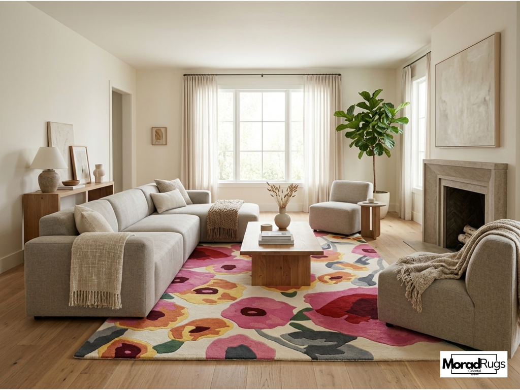 Hand-Tufted New Zealand Wool Rug – Colourful Floral Poppies Area Carpet