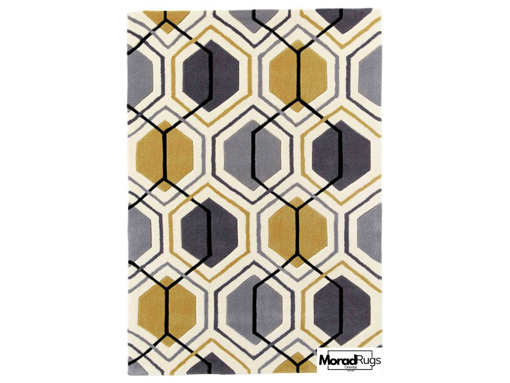 Modern Hexagon Geometric Rug – New Zealand Wool Carpet | Luxury Grey, Gold & Ivory Designer Rug