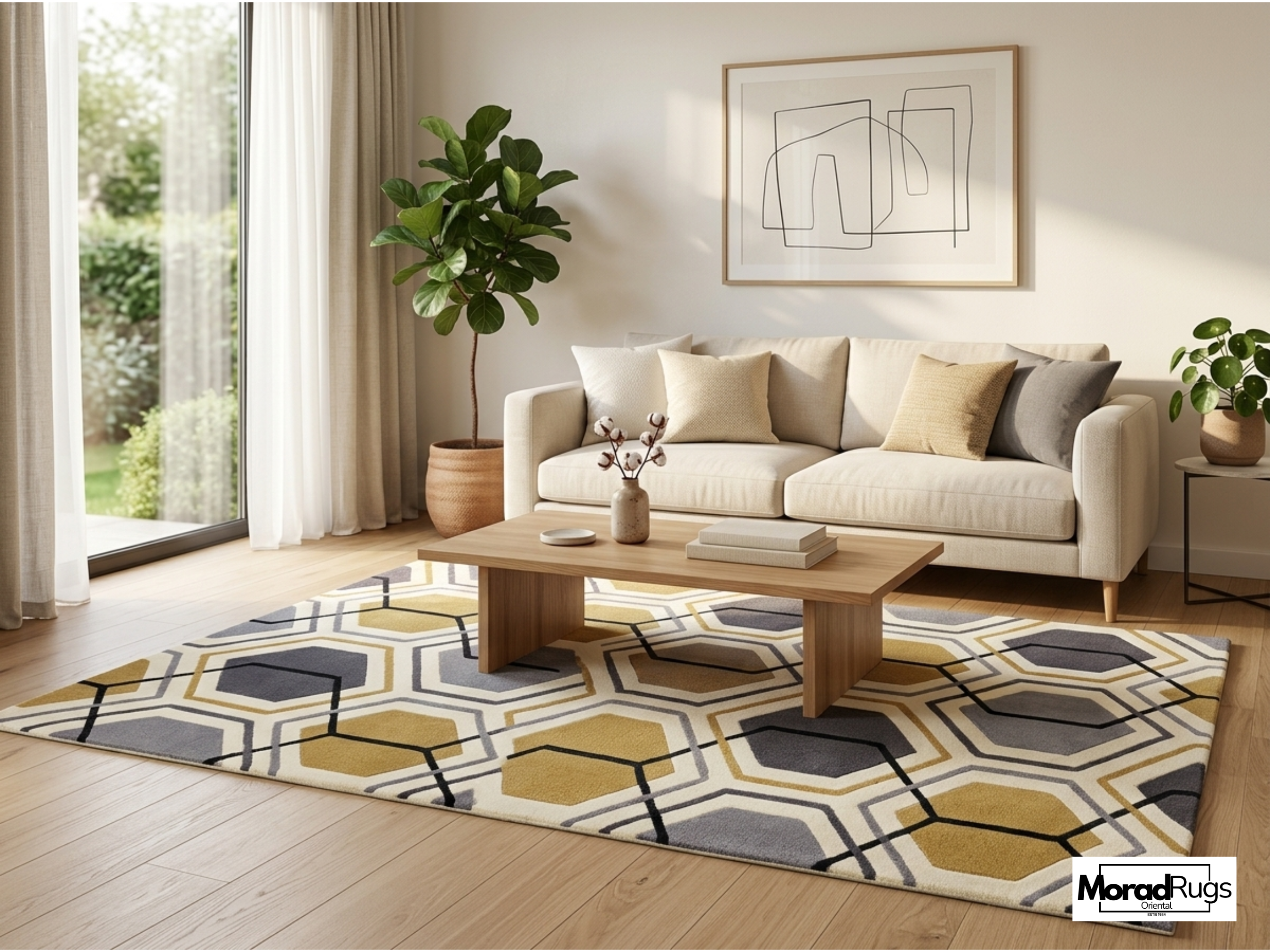 Modern Hexagon Geometric Rug – New Zealand Wool Carpet | Luxury Grey, Gold & Ivory Designer Rug