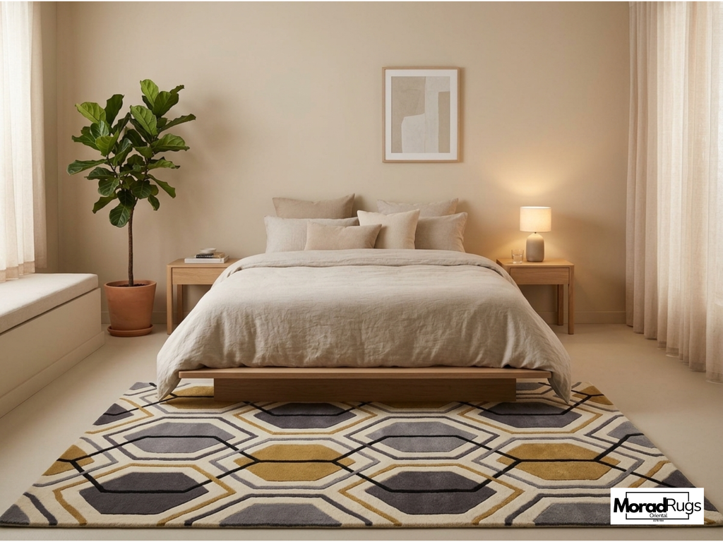 Modern Hexagon Geometric Rug – New Zealand Wool Carpet | Luxury Grey, Gold & Ivory Designer Rug