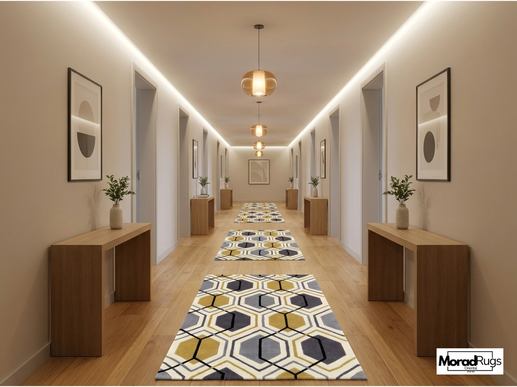 Modern Hexagon Geometric Rug – New Zealand Wool Carpet | Luxury Grey, Gold & Ivory Designer Rug