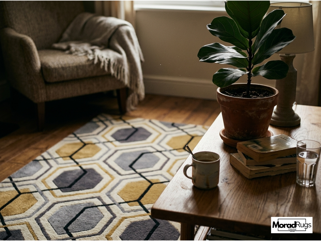 Modern Hexagon Geometric Rug – New Zealand Wool Carpet | Luxury Grey, Gold & Ivory Designer Rug