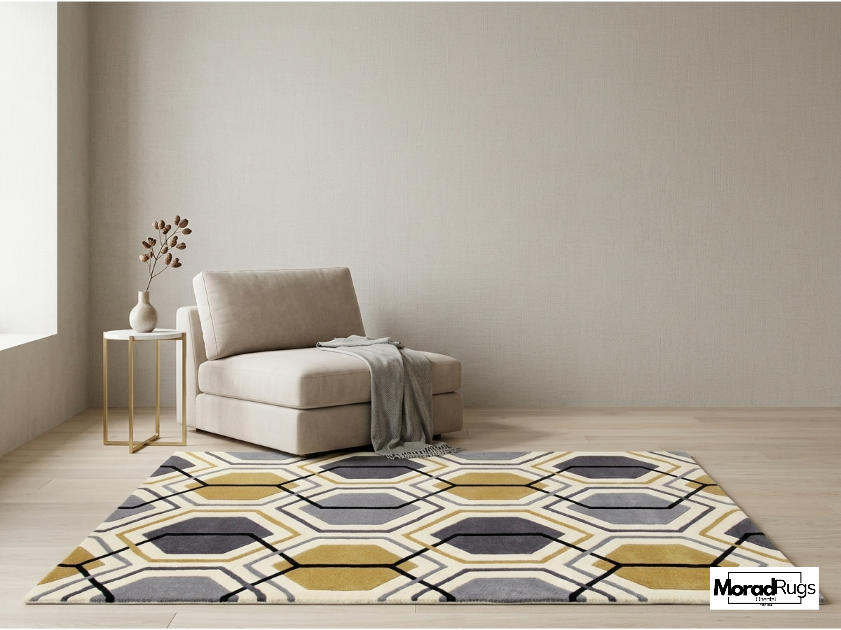 Modern Hexagon Geometric Rug – New Zealand Wool Carpet | Luxury Grey, Gold & Ivory Designer Rug
