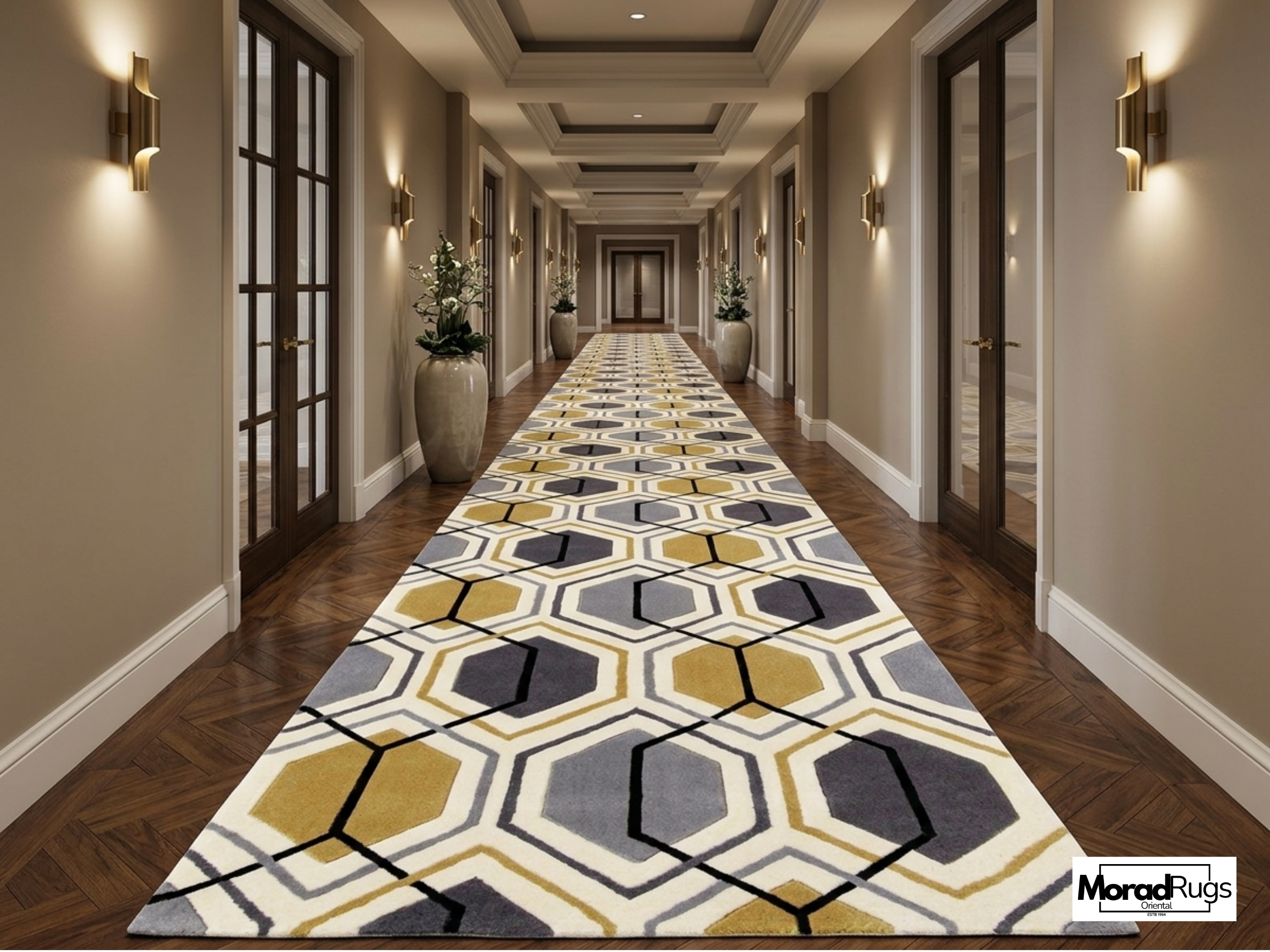 Modern Hexagon Geometric Rug – New Zealand Wool Carpet | Luxury Grey, Gold & Ivory Designer Rug