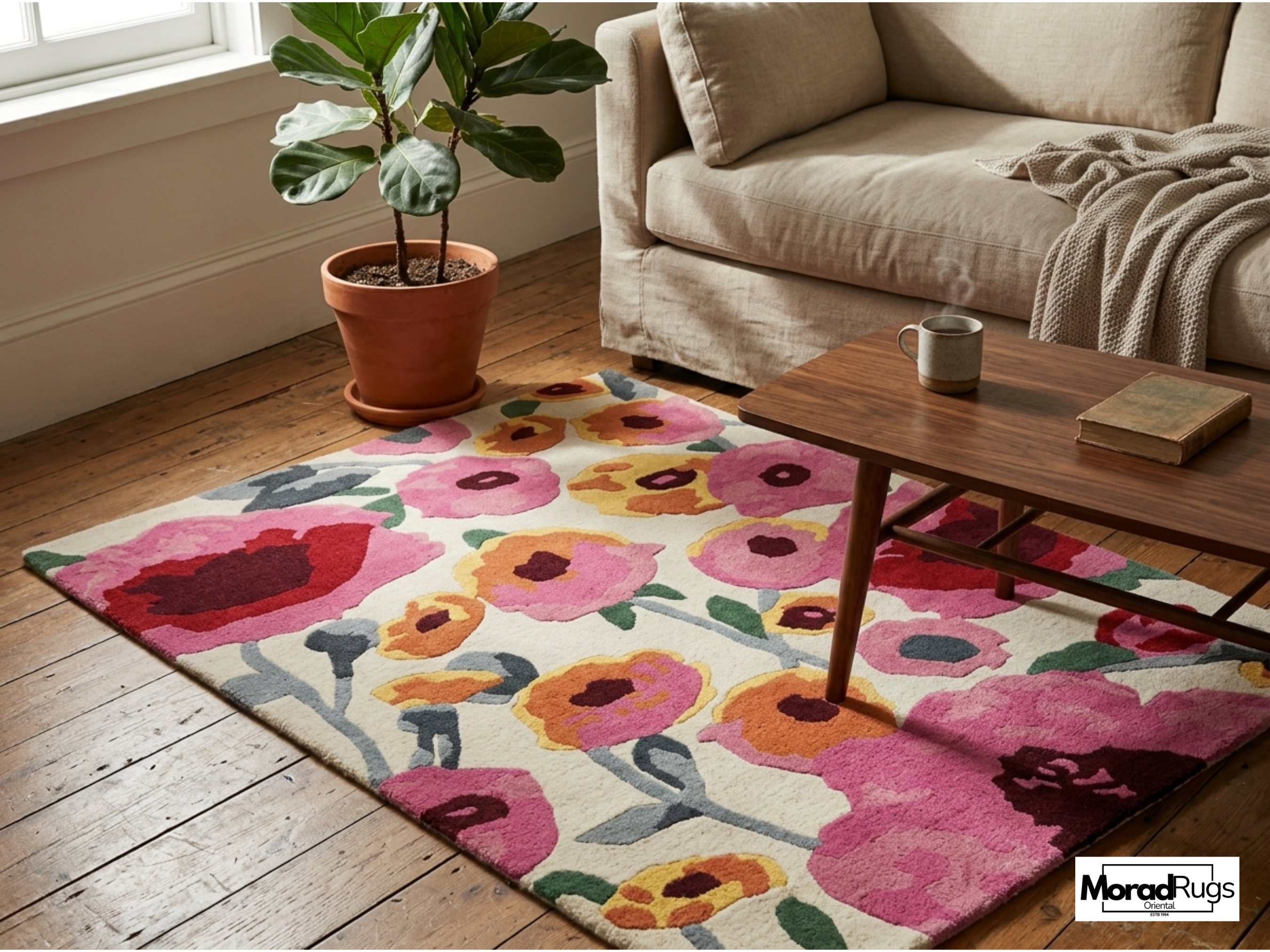 Hand-Tufted New Zealand Wool Rug – Colourful Floral Poppies Area Carpet