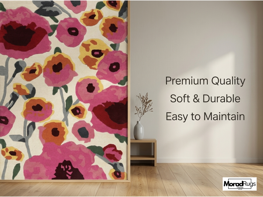 Hand-Tufted New Zealand Wool Rug – Colourful Floral Poppies Area Carpet