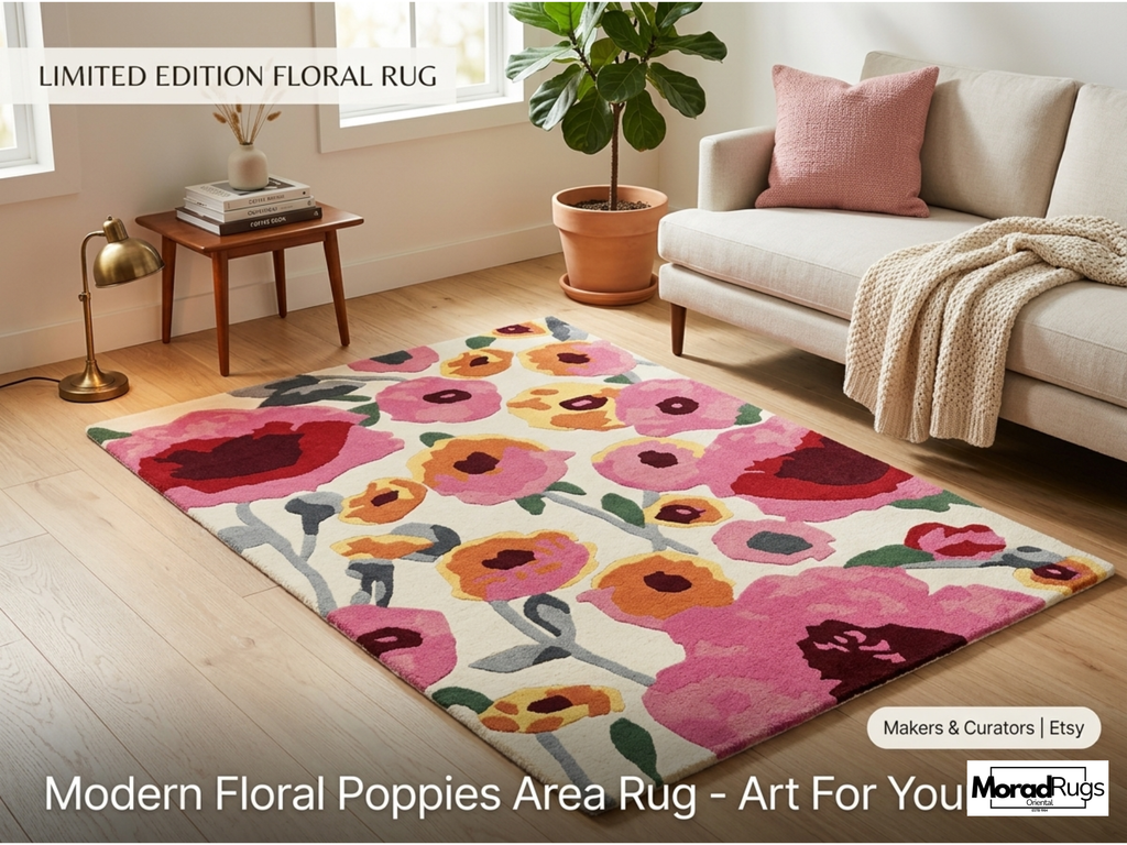 Hand-Tufted New Zealand Wool Rug – Colourful Floral Poppies Area Carpet