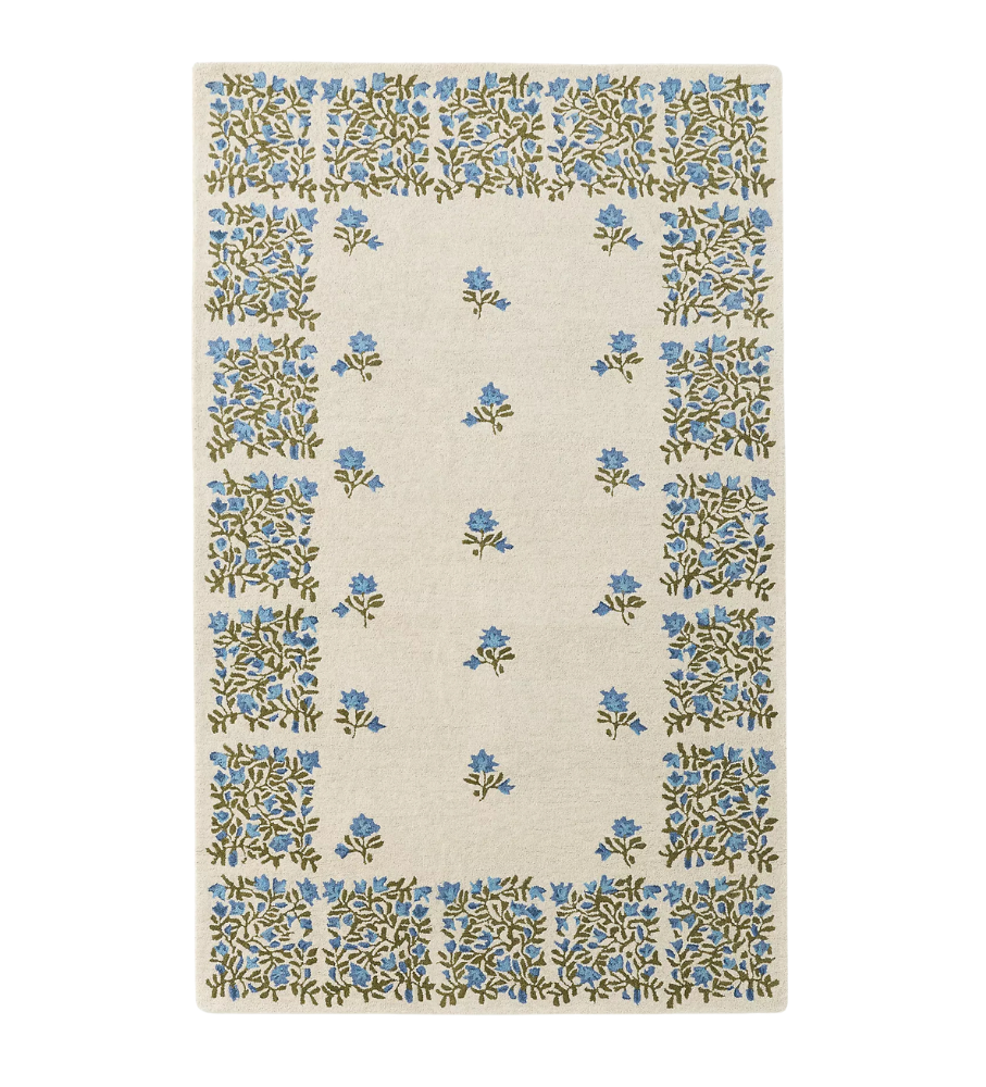 Hand Tufted Floral Rug, Blue Ivory Botanical Carpet, Modern Farmhouse Area Rug